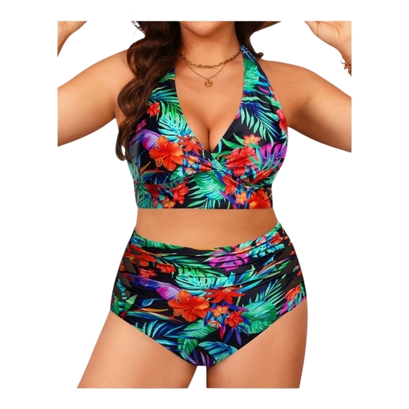 YONIQUE - 16W Tropical Floral Halter Bikini Set - Picture 2 of 13